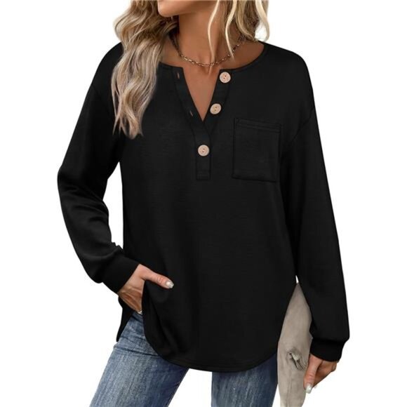 Versatile V-Neck Henley Tunic – Curved Hem Long Sleeve Top with Pocket - Picture 2 of 6